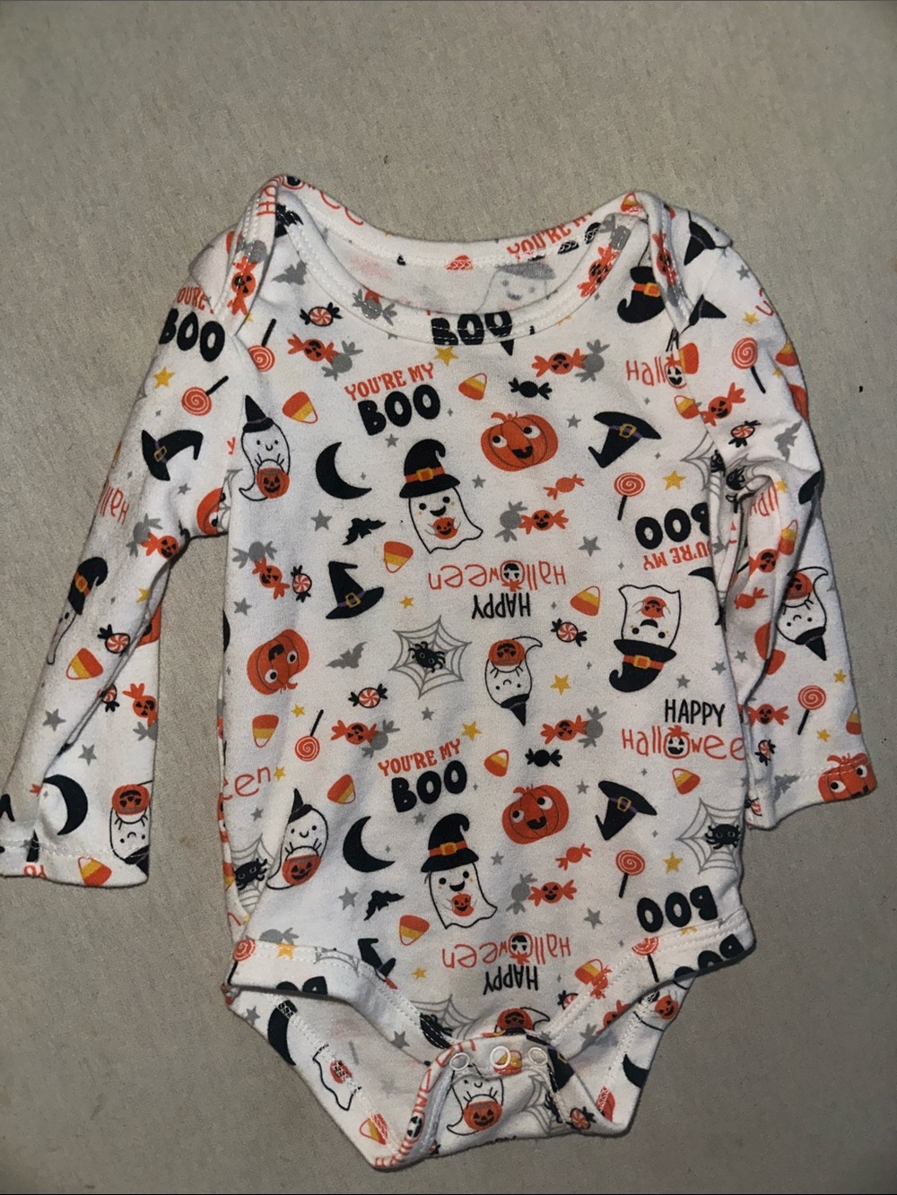 Baby Size 6M Halloween Bodysuit - White with Orange & Black Prints